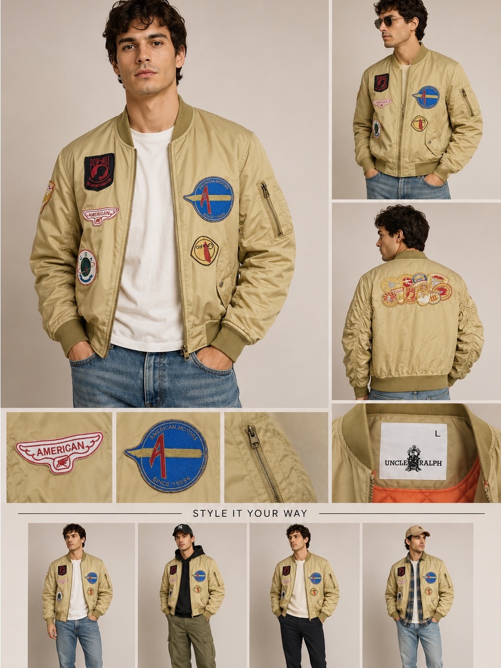 Uncle Ralph Brown Military Style Bomber Jacket Size large Patches